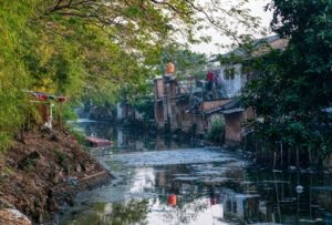 A river polluted due to sewage backup